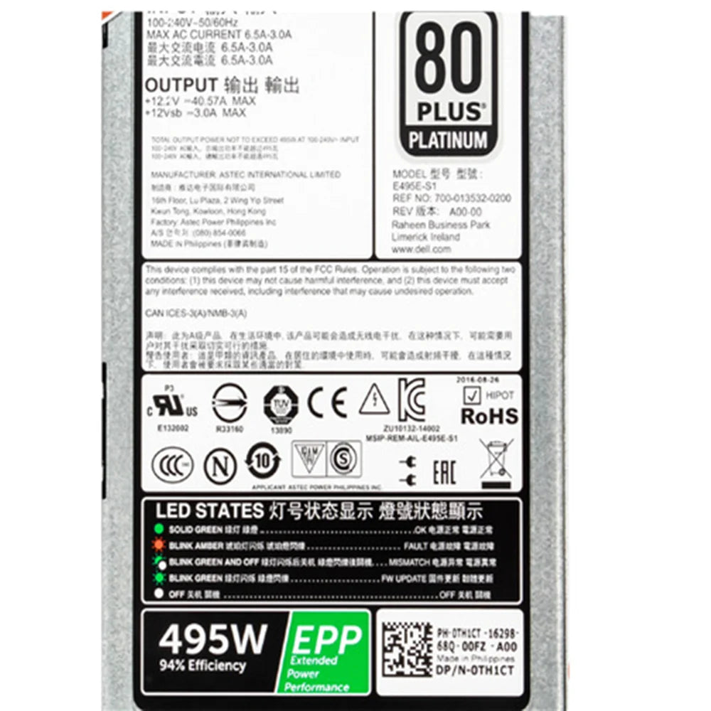 TH1CT 0TH1CT For Dell PowerEdge R530 R630 R730 R540 R640 R730XD 495W 80 Plus Platinum Hot Swap Server PSU Fast Ship