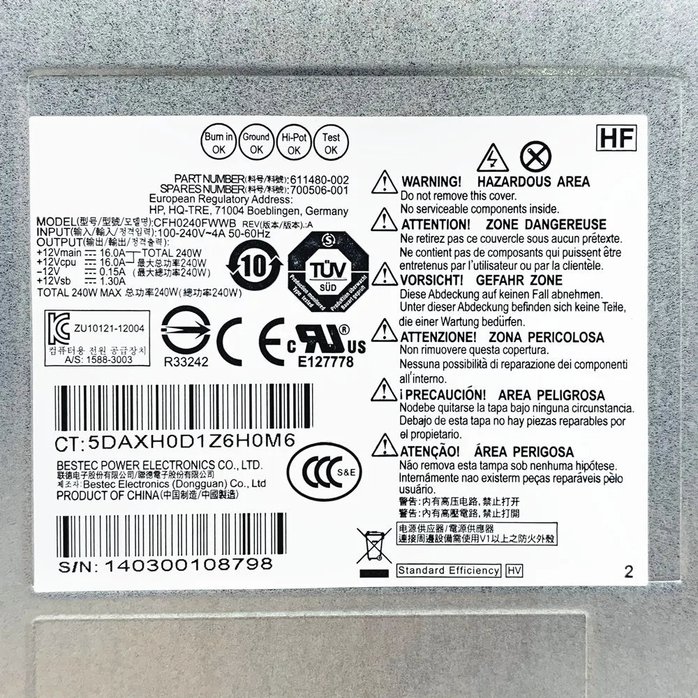 611480-002 503375-001 611481-001 611482-001 For HP Compaq Elite 4300 4000 6200 8100 8200 8300 SFF 240W Power Supply