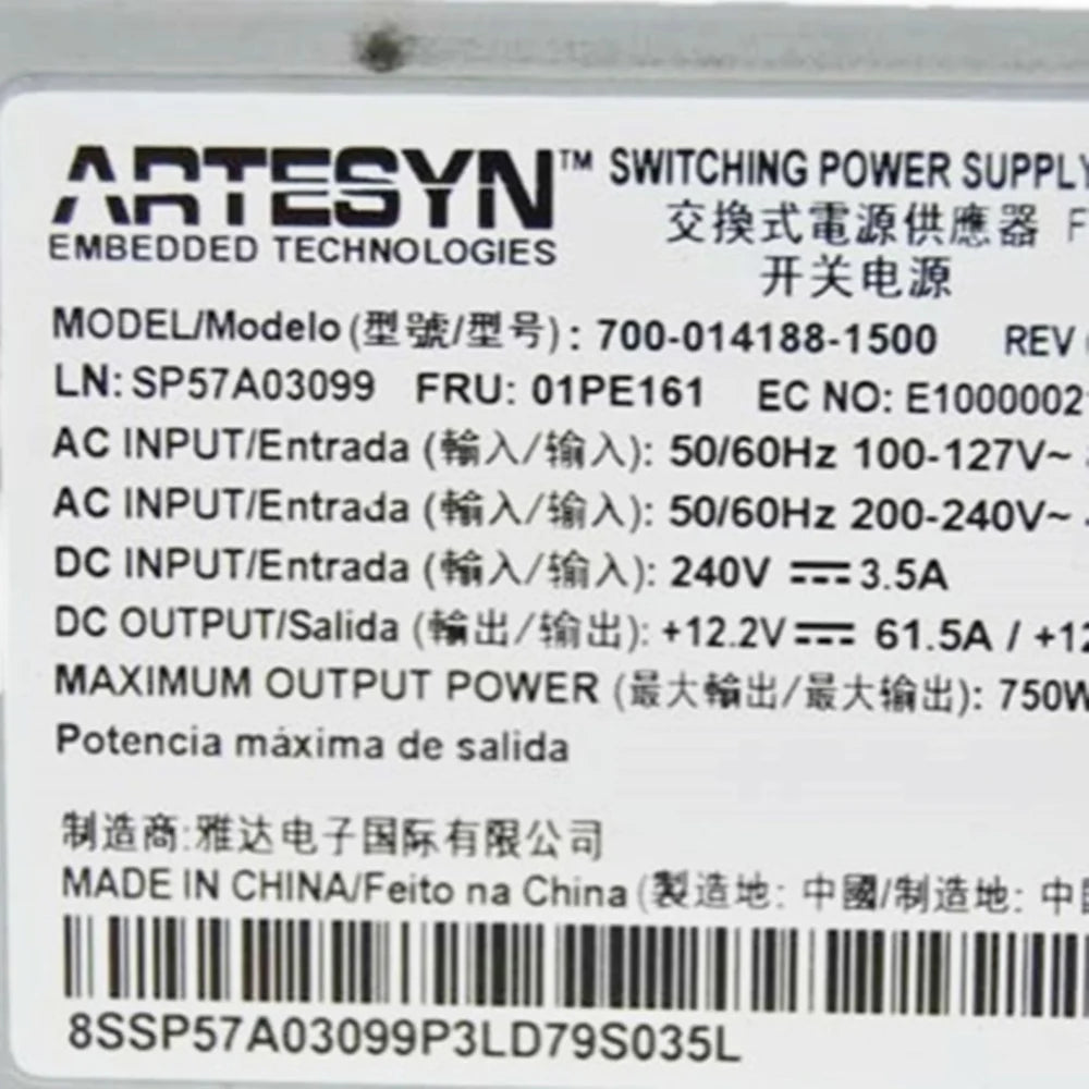 For Lenovo ThinkSystem SR850P SR630 750W Platinum Hot-Swap Power Supply 01PE161 01GV266 01PF536 01PF515 7N67A00883