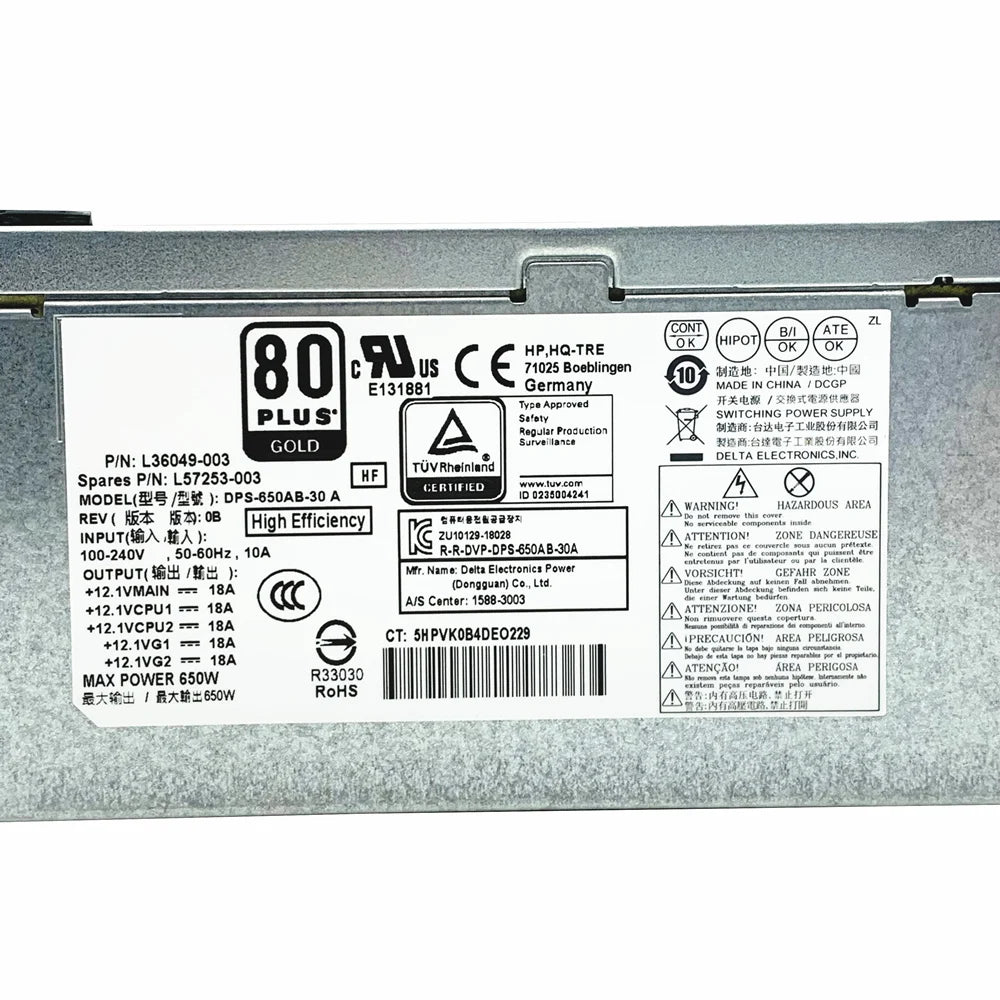New Original For HP Z2 G4 Workstation 650W Power Supply L36049-003 / L57253-003 / DPS-650AB-30A PSU Replacement 100% Tested