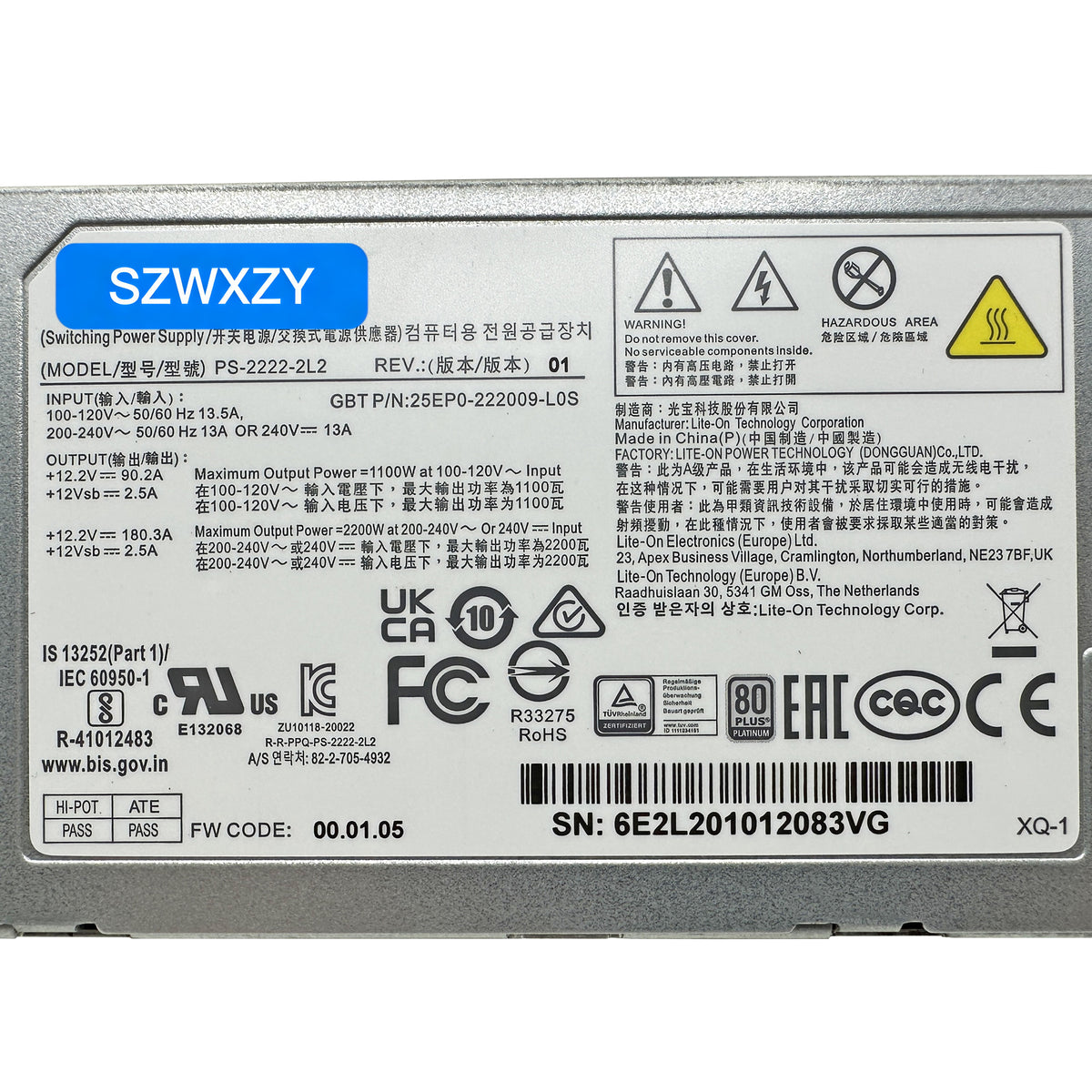 For Lite‑On PS‑2222‑2L2 2200W Hot‑Swap CRPS Server Power Supply 80 PLUS Platinum