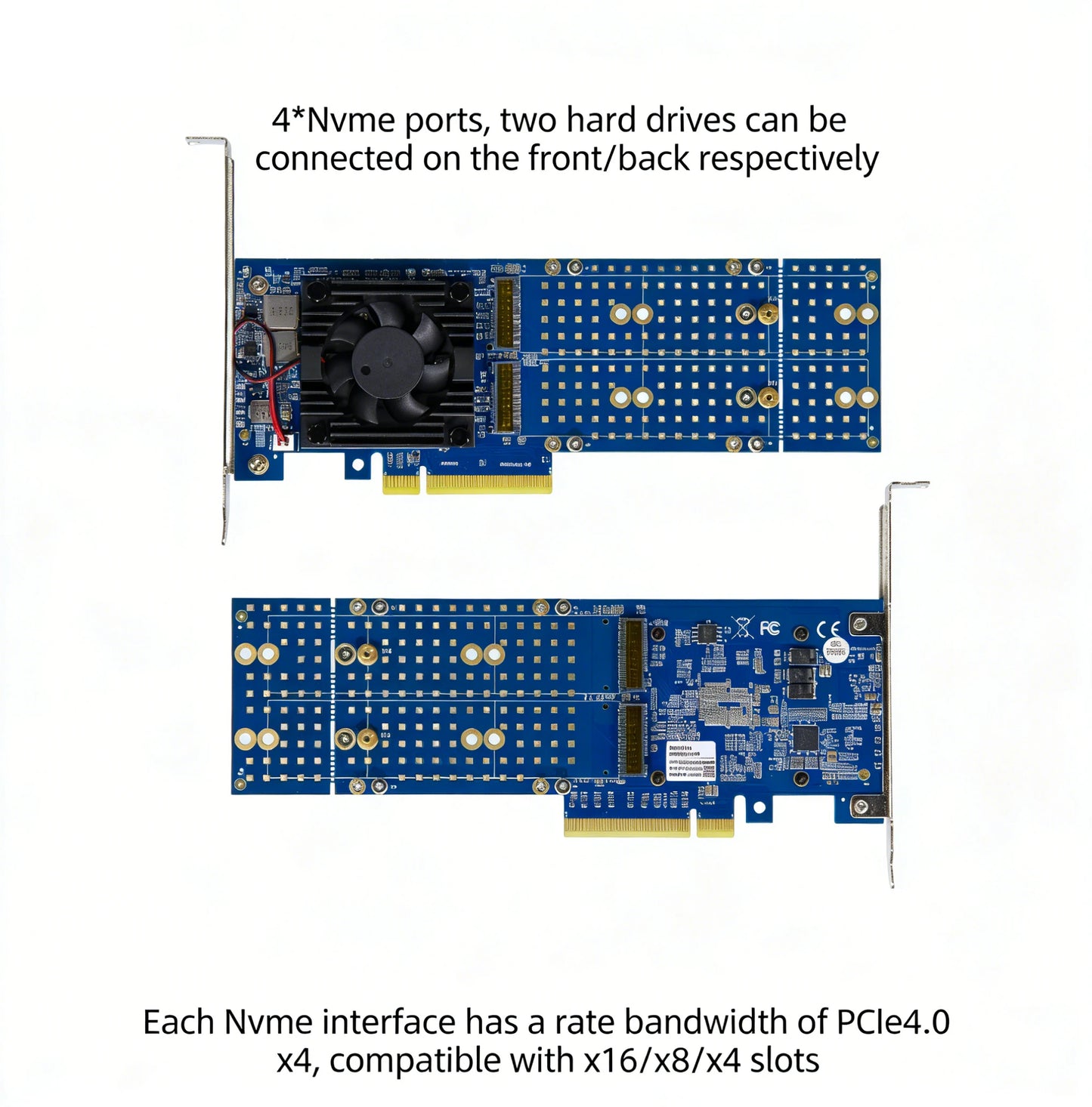 PCIe 4.0 x8 to Quad M.2 NVMe SSD Adapter Built-in PLX88024 Chip No PCIe Bifurcation Required Supports 4x M.2 NVMe SSDs Full Speed Expansion Card