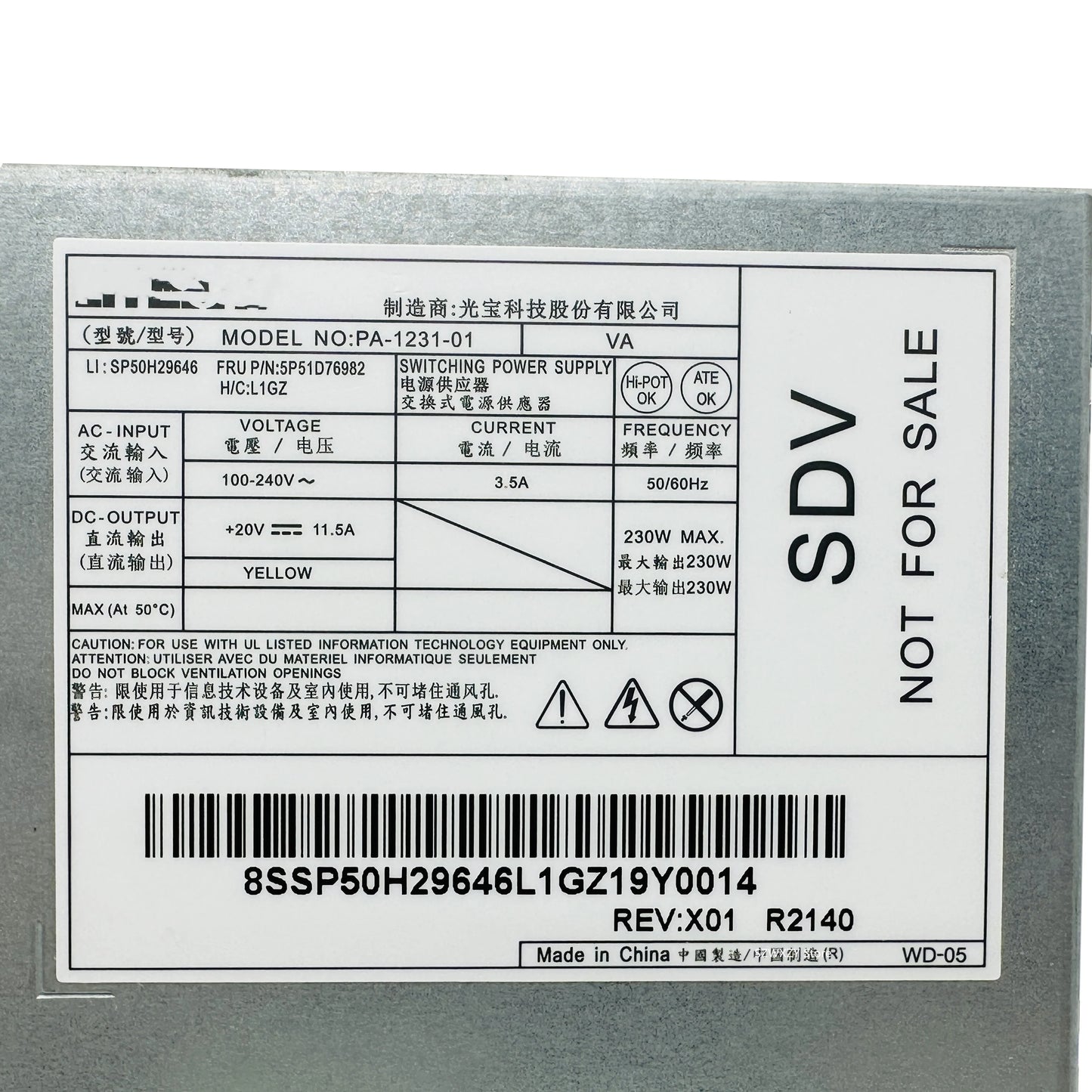 For Lenovo ThinkCentre M90a Gen 3 Pro M90a Gen 3 Power Supply 230W PA-1231-01 SP50H29646 FRU 5P51D76982 100% Tested Fast Ship