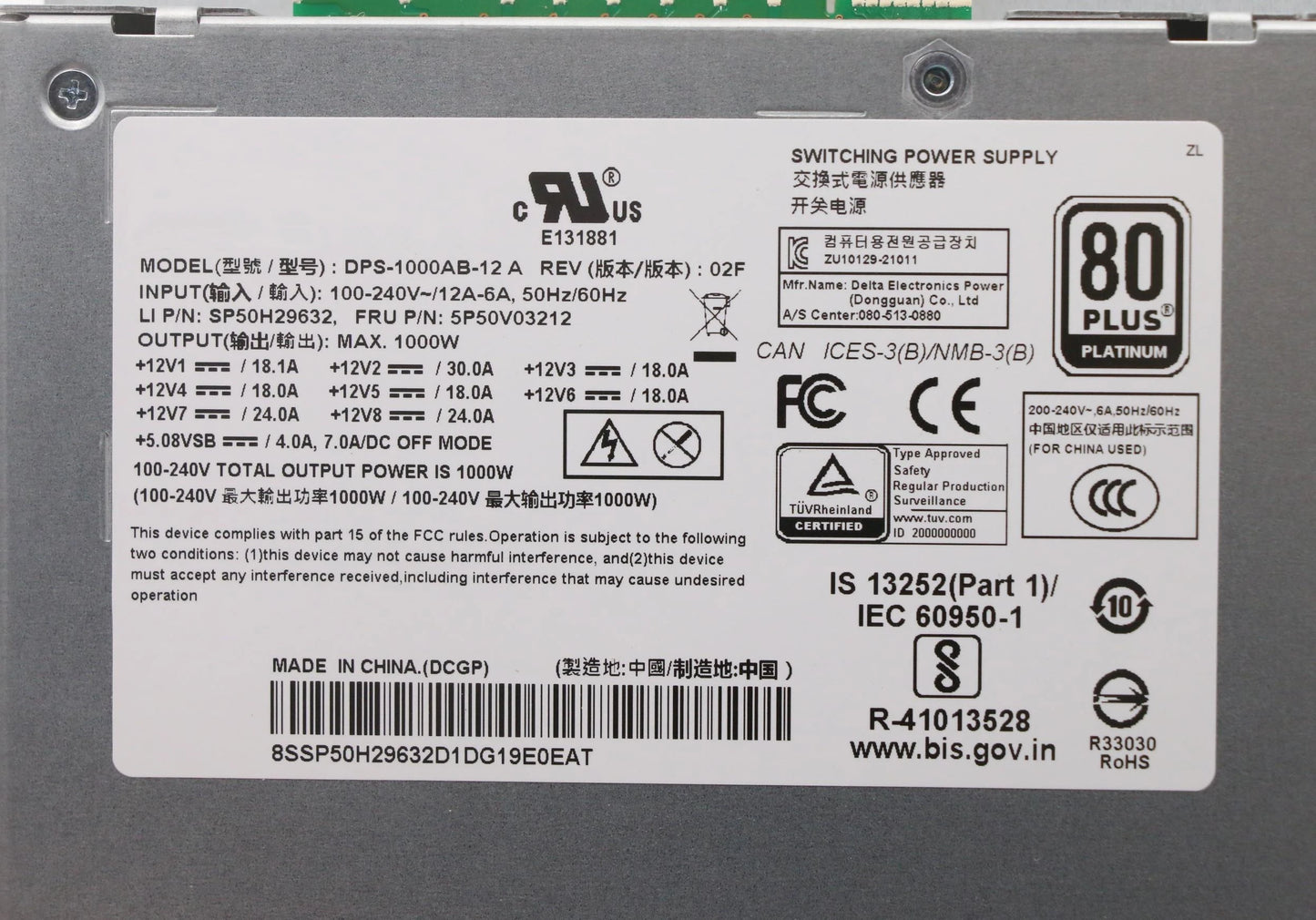New Original For Lenovo ThinkStation P520 P720 1000W Power Supply FRU 5P50V03212 5P50V03213 Fully Tested