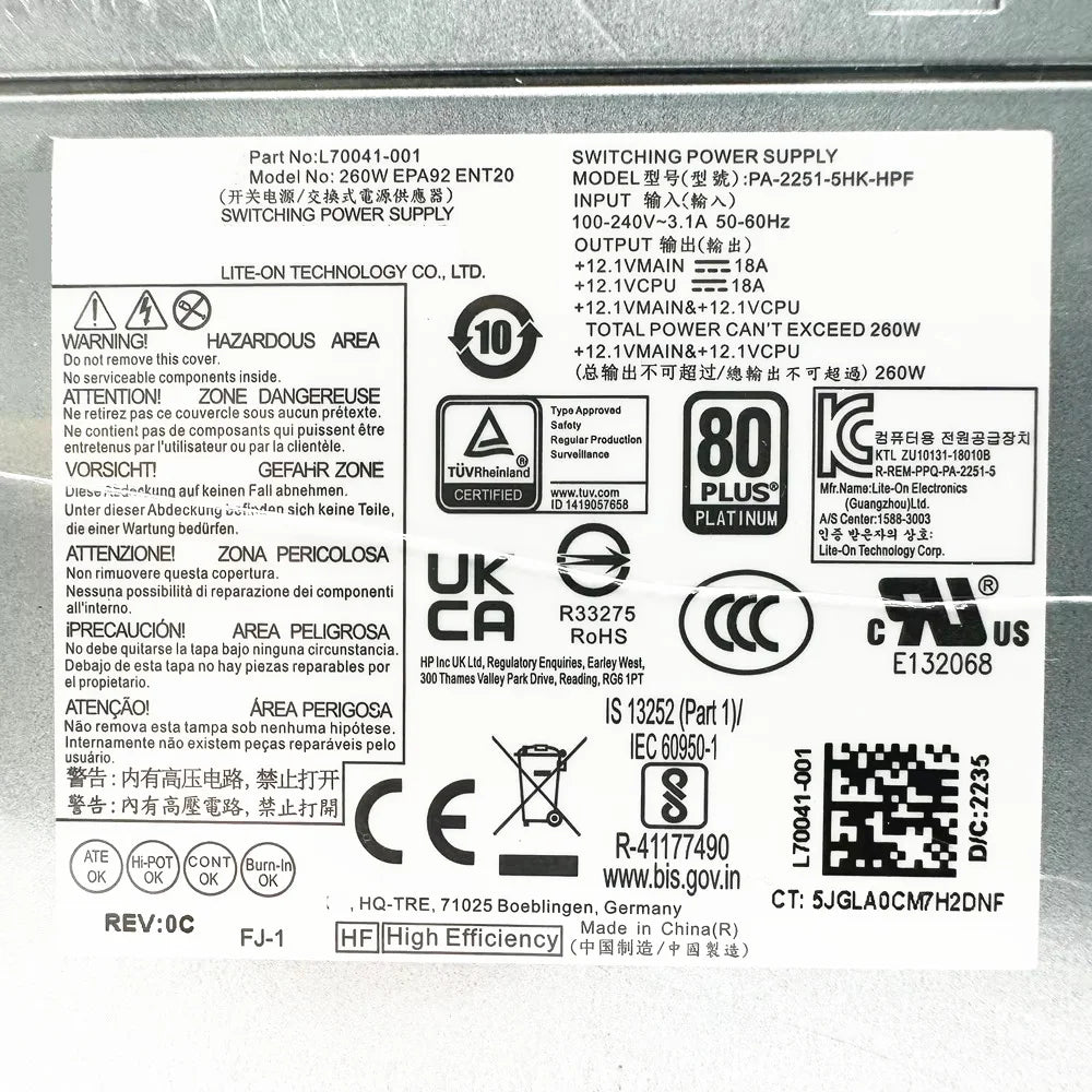 New Original For HP ProDesk 600 G6 400 G7 480 G7 L70041-001 PCK018 PA-2251-5HK-HPF 260W MT Power Supply Fast Ship