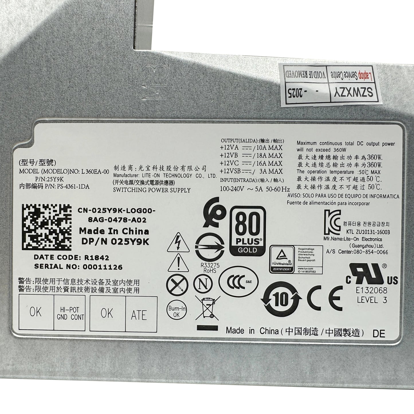 New Original PSU For Dell 5720 XPS 7760 L360EA-00 025Y9K PS-4361-1DA 360W All-In-One Power Supply Fast Ship