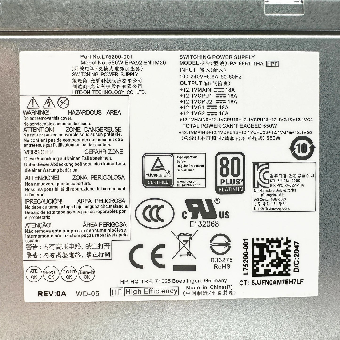 New Original For HP Z1 G6 Z2 G5 800 880 G4 G5 G6 550W Power Supply L75200-001 L75200-004 PA-5551-1HA PCK026 80 PLUS PLATINUM