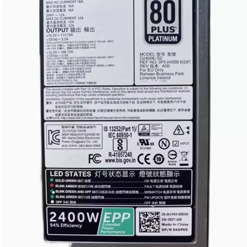 Original For Dell PowerEdge R740 R840 R940 Server Switching 2400W Power Supply D2400E-S2 DPS-2400BB 0KKP69 KKP69 J1CC3