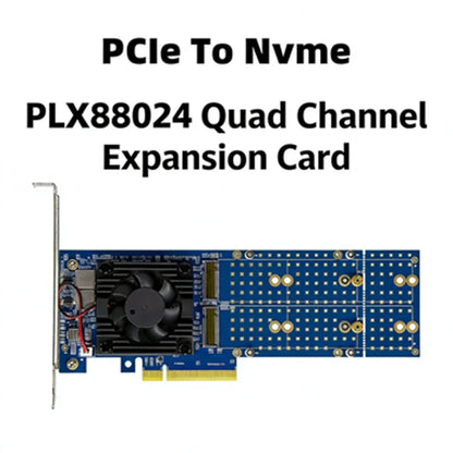 PCIe 4.0 x8 to Quad M.2 NVMe SSD Adapter Built-in PLX88024 Chip No PCIe Bifurcation Required Supports 4x M.2 NVMe SSDs Full Speed Expansion Card