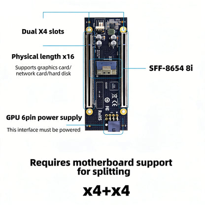 PCIe 4.0 Dual x4 Slot Adapter Board SlimSAS SFF-8654 8i to Dual PCIe x4 Riser Card (Bifurcation Required)