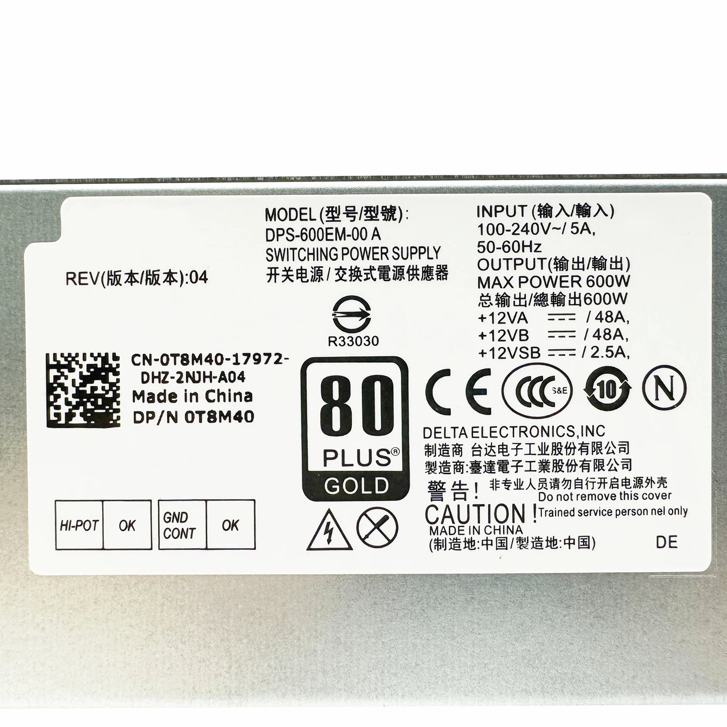 New Original For Dell OptiPlex 3050 3060 3070 7070 7080 MT 600W Power Supply DPS-600EM-00 A CN-0T8M40 T8M40 8-Pin + 4-Pin Fully Tested