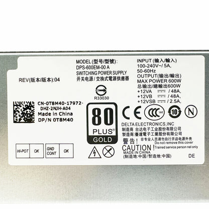 New Original For Dell OptiPlex 3050 3060 3070 7070 7080 MT 600W Power Supply DPS-600EM-00 A CN-0T8M40 T8M40 8-Pin + 4-Pin Fully Tested