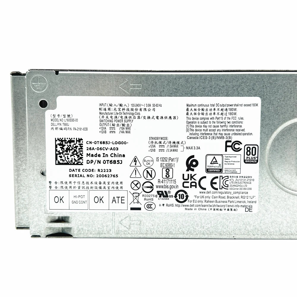 New Original For Dell OptiPlex 3000 3020 3710 3910 180W Power Supply 0T685J T685J F3J97 NC77H 7KFH8 H180EBS-00 D180EBS-00 L180EBS-00 8+4 Pin PSU Replacement